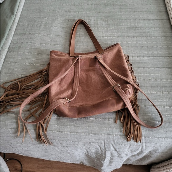 Brown Leather Fringe Tote with Geometric Star Embroidery - Picture 2 of 4